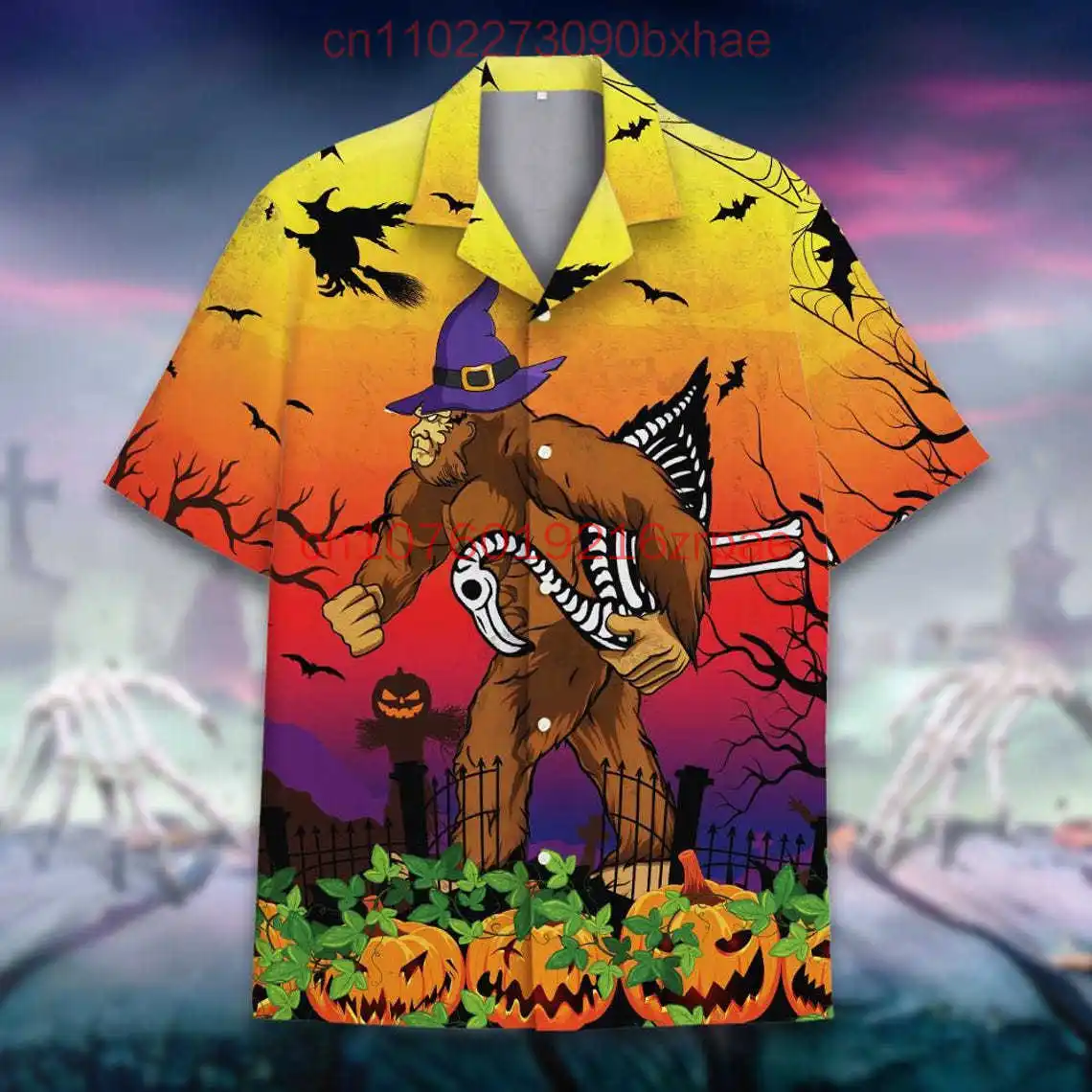 

2025 New Halloween Men's Hawaiian Shirt 3D Printed Halloween Bigfoot Hawaiian Shirt Fashion Retro Button Shirt