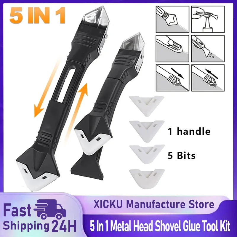 

5 In 1 Metal Head Shovel Glue Tool Kit Silicone Spatula Caulk Remover Grout Removal Sealant Finishing & Corner Scrap