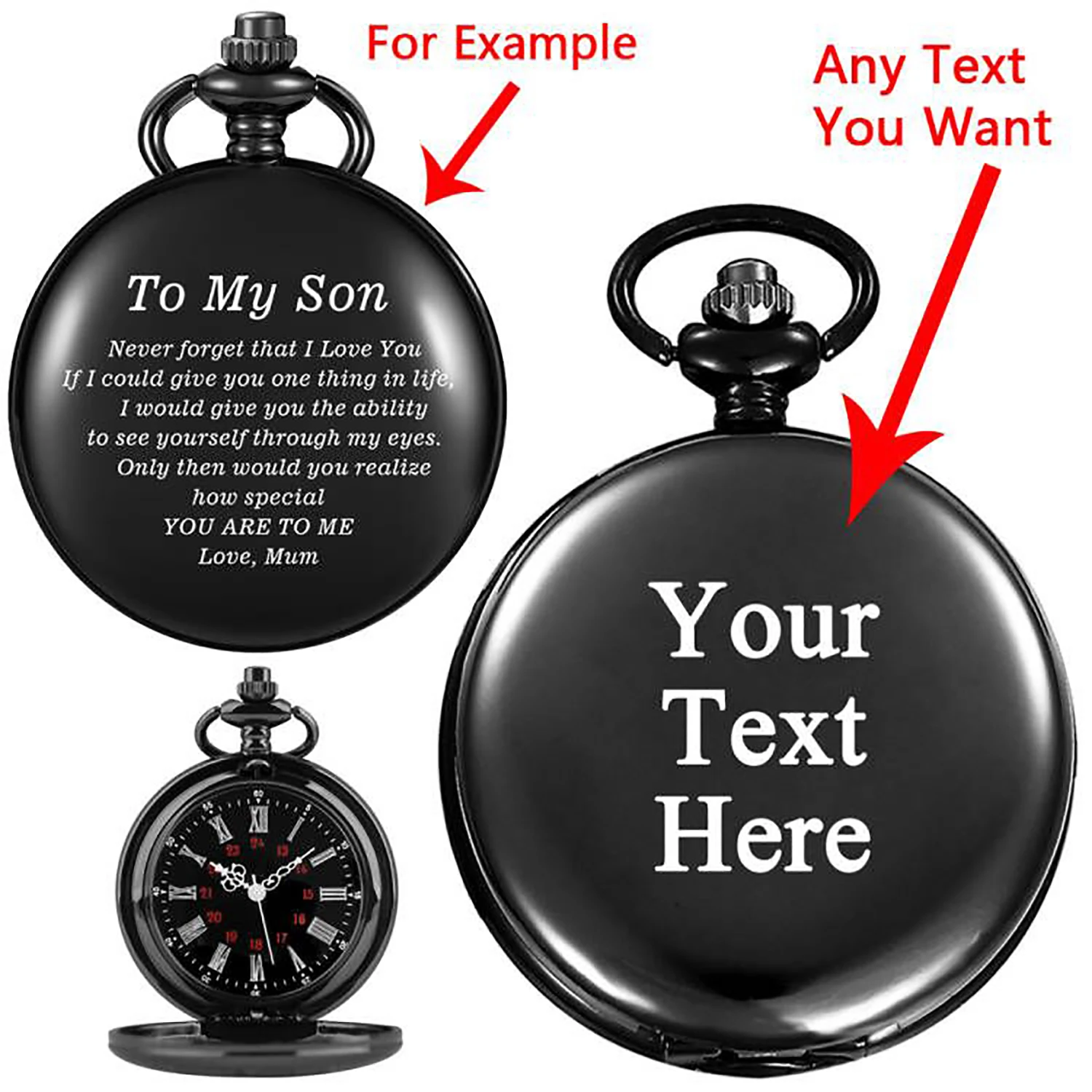 

Customize With Your Text carving english alphabet face pocket watch a belt chain Black quartz watch birthday and Festival gifts