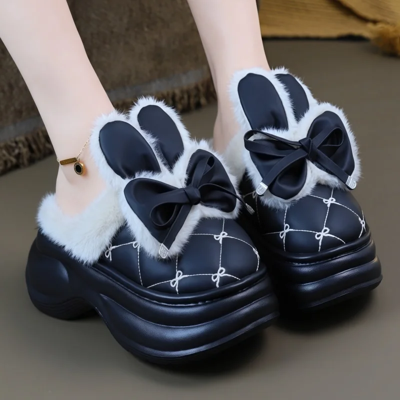 

New Fluffy Bunny Slippers Woman High Platform Clogs Furry Mules Shoes Women's Heels Slipper Home Rabbit Slides Waterproof Sliper