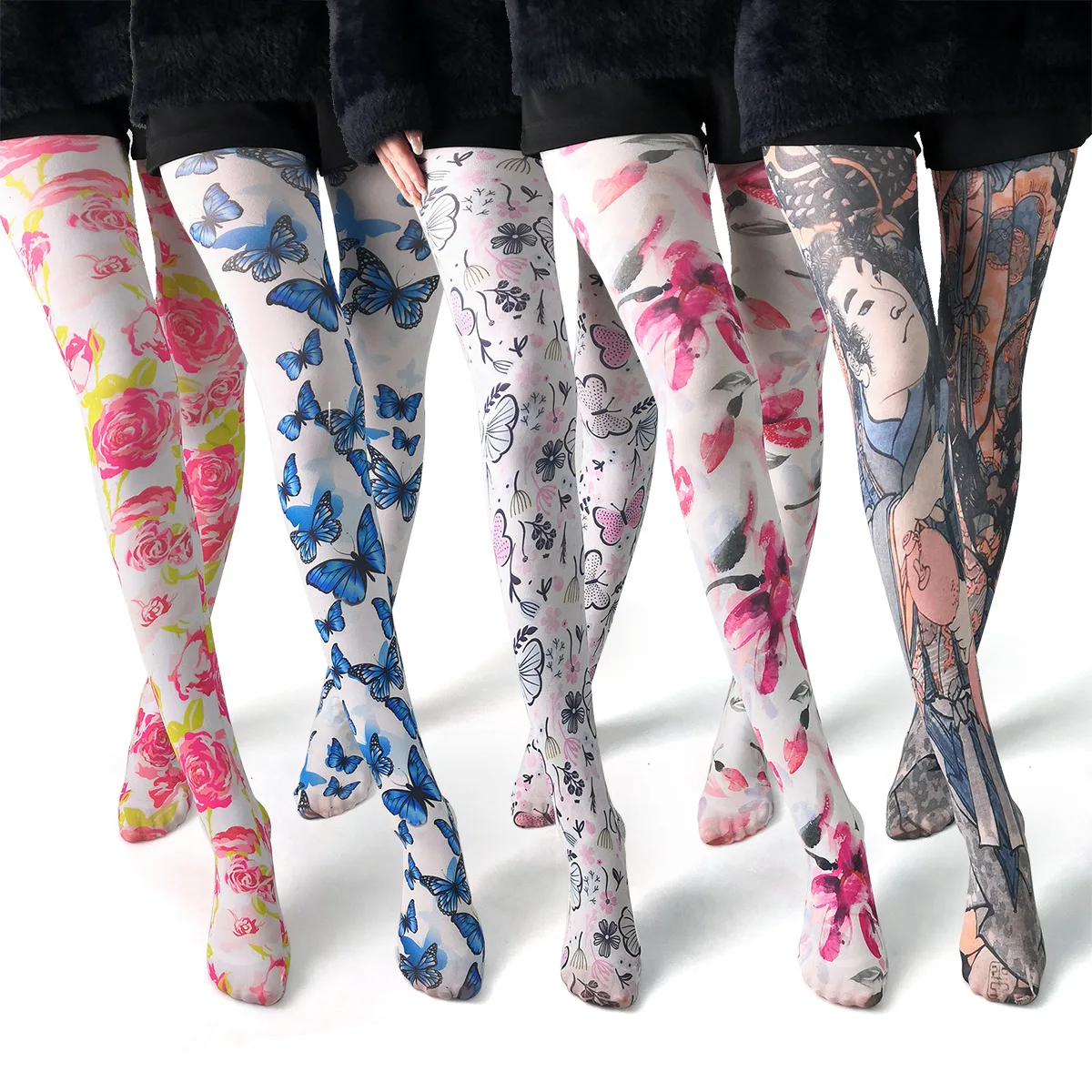 Women's Graffiti Printed Tights Butterfly Lattice Seamless Pantyhose Female Sexy Stretch Long Socks High Waist Stockings 2024