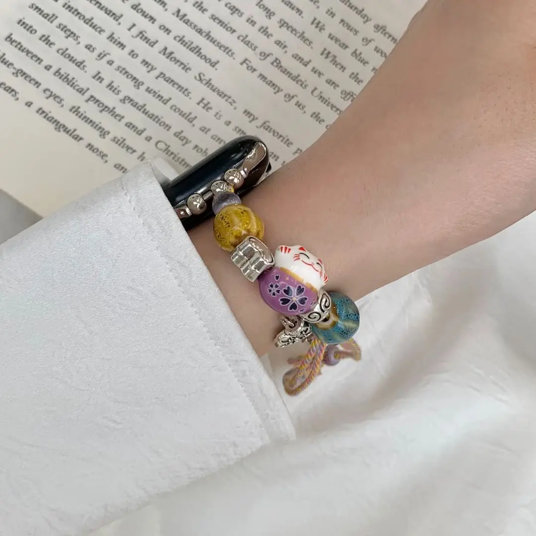 Bohemian bead bracelet compatible with iWatch strap 38mm 40mm 41mm 42mm 44mm 45mm 49mm for women, fashionable handmade elastic s