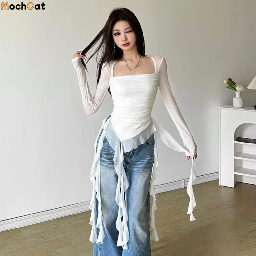 

Streetwear Jellyfish Mesh Belt T-Shirt Elf Long Sleeve Korean Y2K Ins Slim Fit Crop Tops Pleated Collar Irregular
