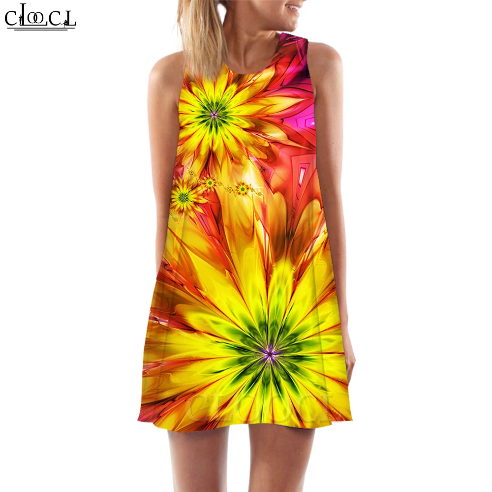 CLOOCL Tank Dress Trendy Rainbow Color Abstract Pattern Printed Dress Crew Neck Summer Beach Sleeveless Short Dresses