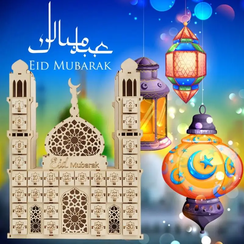 

Y1UB Eid Mubarak Countdown Calendar DIY Ramadan Ornaments Wooden Drawer Home Party Decoration Crafts