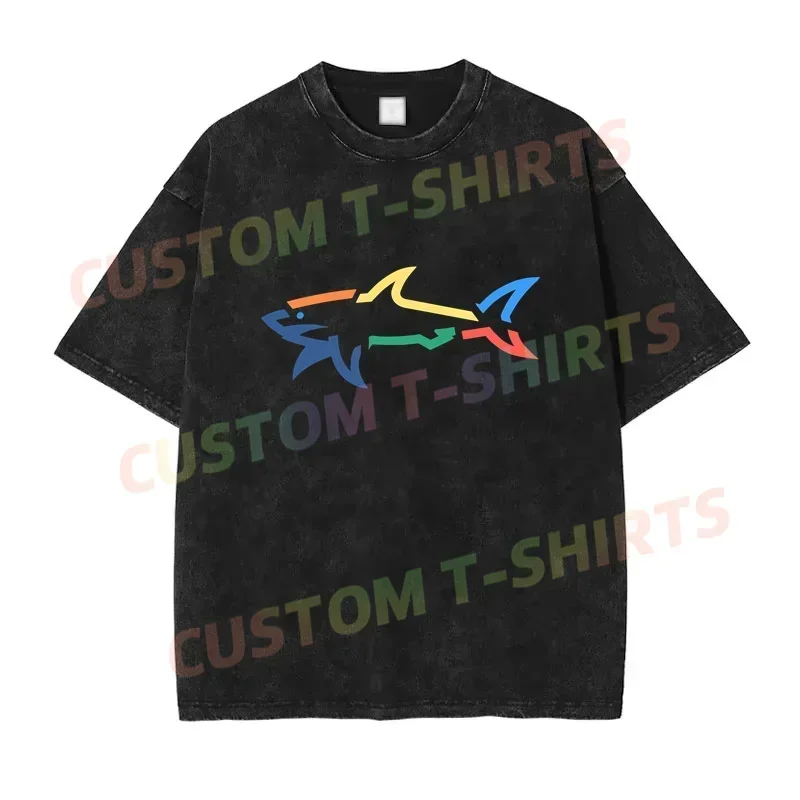 

2025 Summer Vintage Cotton Washed Shark Colorful Paul Logo T-Shirt Loose T Shirts Men Y2K Hip Hop Top Tee