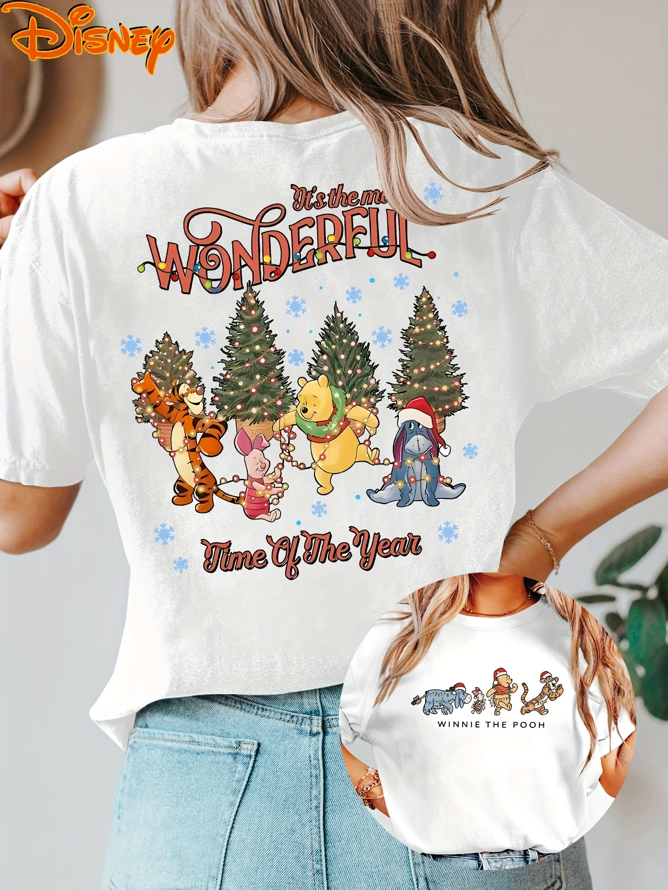 

Disney Women's Officially Licensed Christmas Winnie-the-Pooh Friends T-Shirt Red Short Sleeve with Pooh Tigger Eeyore Back Print