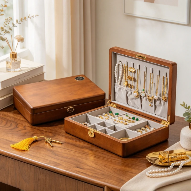 Solid Wood Jewelry Box Lockable Organizer with Adjustable Divider Hidden Compartment for Rings Earrings Wedding Birthday Gift