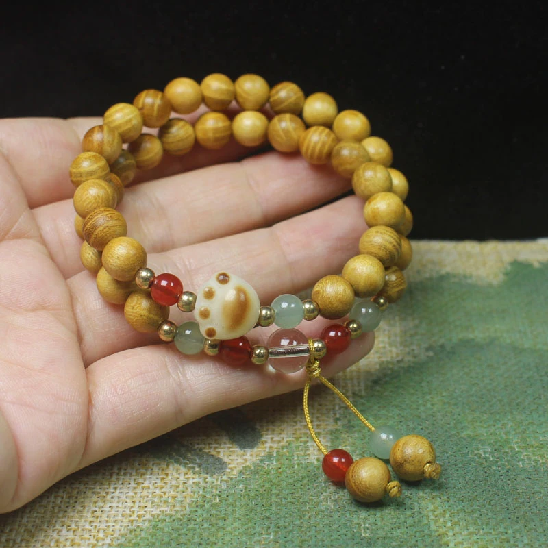

Golden Sandalwood Chinese Style 8mm Double Circle Bracelet with Cat Claw DIY Buddhist Beads Wooden Jewelry