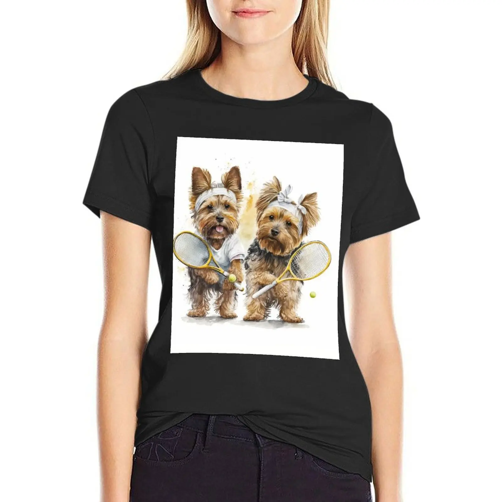 Yorkshire Terrier Dogs Playing Tennis in Furry Foes on the Court T-Shirt heavyweights animal prinfor workout t shirts for Women