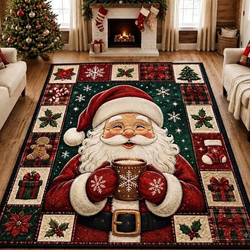 VIKAMA Christmas Santa Area Rug Heart Shape Quilted Frame Red Green Living Room Floor Carpet Cozy Winter Holiday Decor Gift