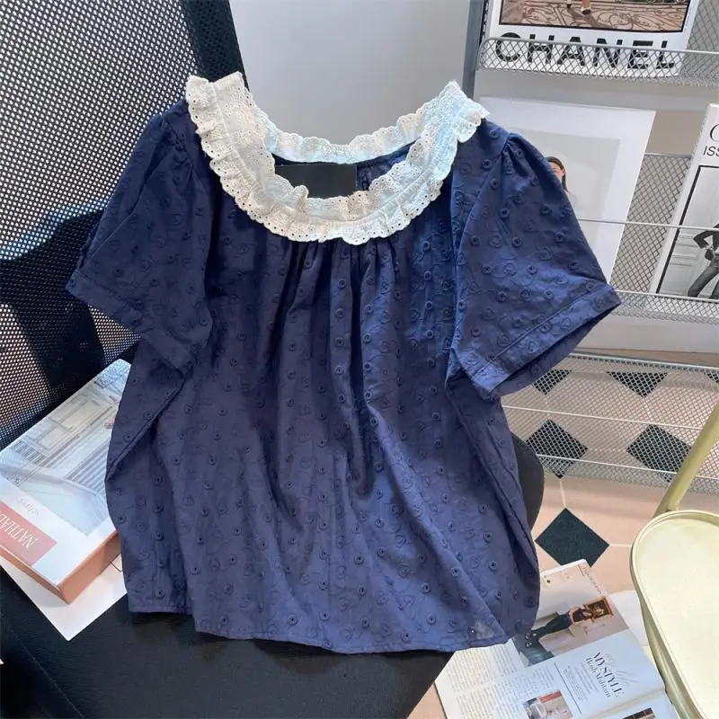 Chemisier à lacets en dentelle à manches bulles bleu marine pour étudiante, petit haut polyvalent de style coréen doux et doux