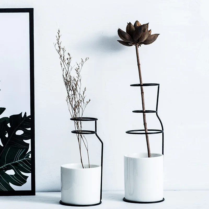 Nordic Style Ceramic Iron Flower Vases Gold Black Table Flower Pot Minimalism Home Decoration Accessories For Plant Livingroom