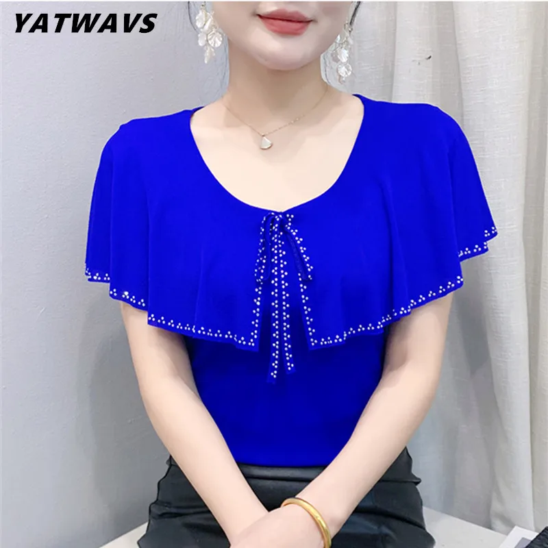 

New Fashion Summer Short Sleeved Women's T-Shirt Fashion O-Neck Ruffles Hot Diamonds Mesh Tops M-3XL Ladies Slim Tees Blusas