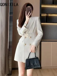 New White Dress Spring High Quality Women Blazer Dress with Belt Double Breasted Buttons Chic for Party Dress Long Sleeve Coats