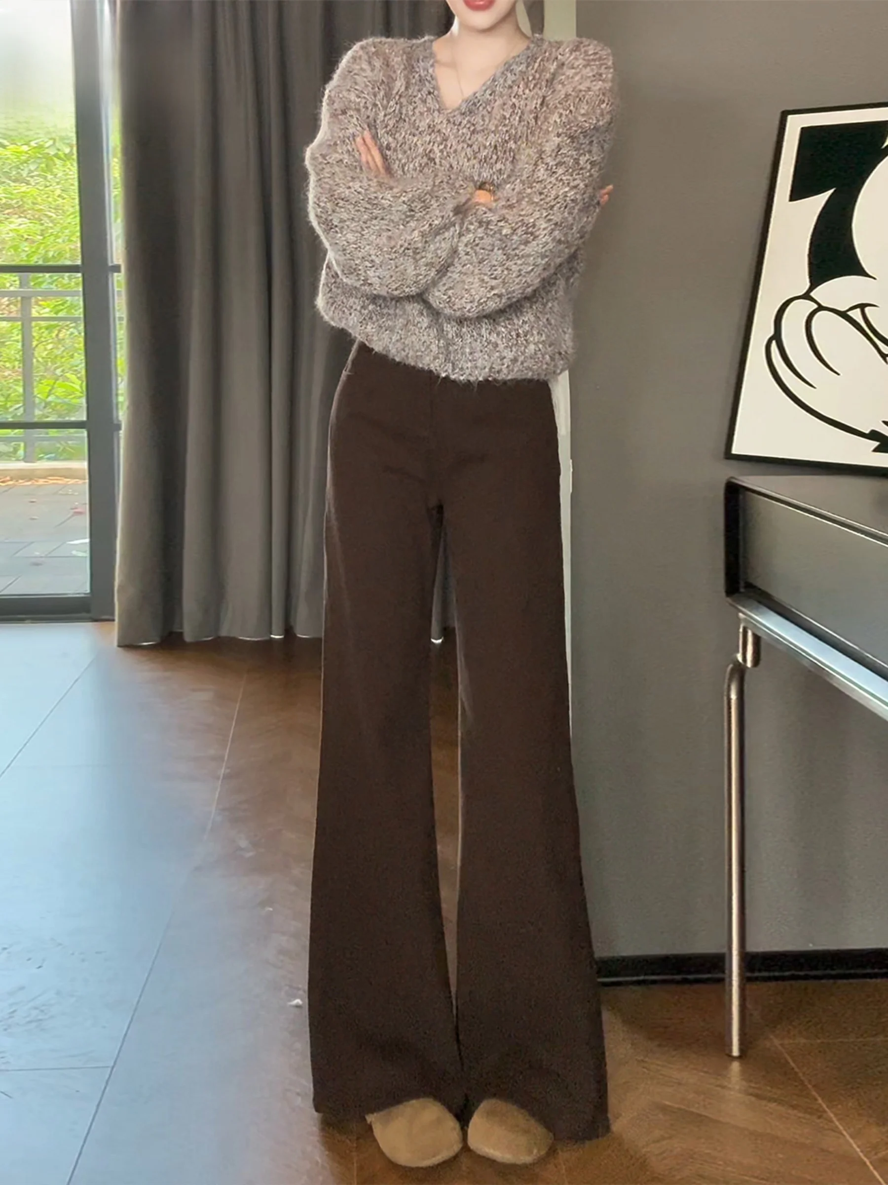 Loose Coffee Colored Low Waist Bell Bottom Jeans Women's Summer New Style Not Legging Loose Flared Pants American Style Butto...
