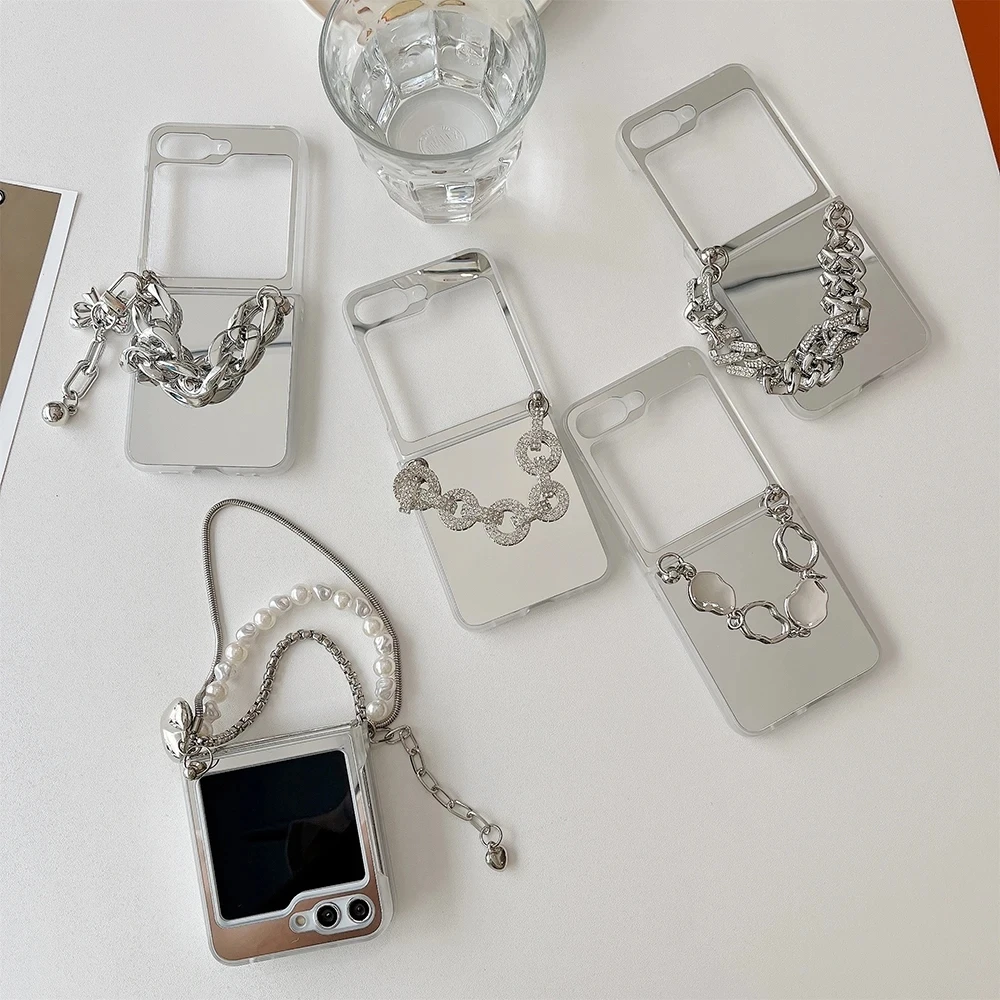 Fashion Silver Rhinestone Pearl Bracelet Phone Case For Samsung Galaxy Z Flip 5 4 3 ZFlip6 Full View Makeup Mirror Hard PC Cases