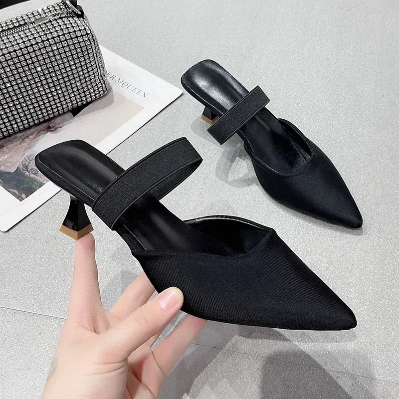 Elegant Women High Heels 2024 Fashion Pointed Toe Ladies Mid Heel Slipper Pumps Women Mules Plus Size Purple Women Shoes