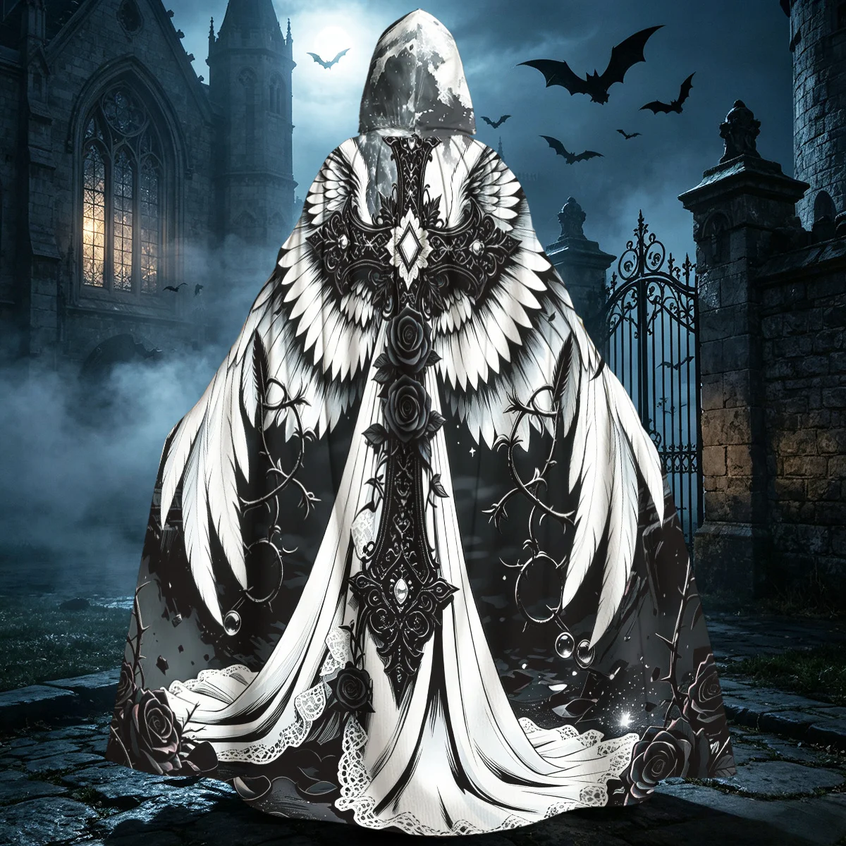 1pc Hooded Long Cloak, Ornate Gothic Cross with White Angel Wings, Black Roses, Full Moon Dark Art Print Cosplay Cape