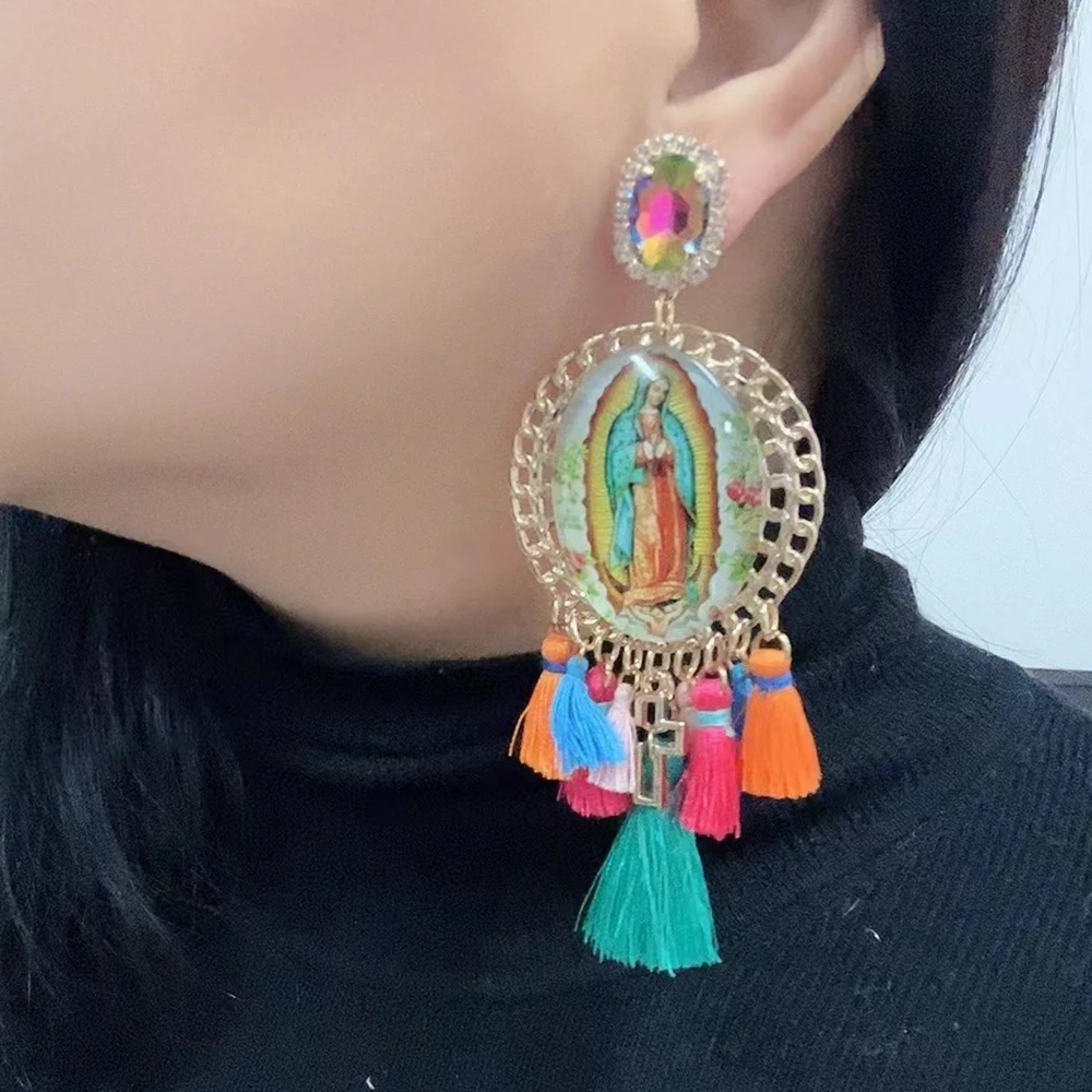 BohemiaY2K Cross Jesus Earrings Dangle Colorful Long Tassel Glass Earring For Woman Large Brinco Ear Exaggeration Female Gift