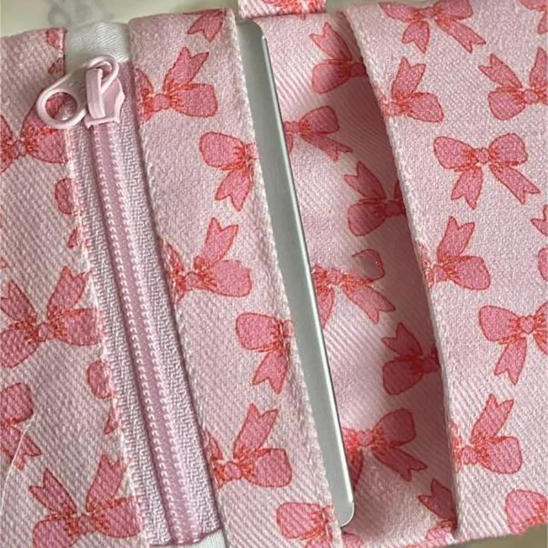 Monederos rosas con estampado de lazo dulce, monedero de lona con cremallera pequeña, tarjetero de gran capacidad para mujeres y niñas, bolsa de almacenamiento informal