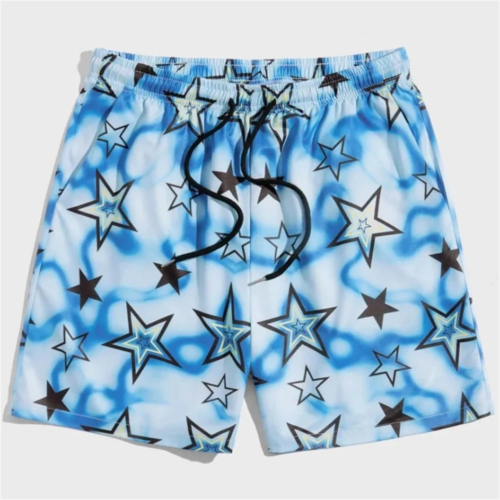 Male Shorts Summer Shorts Male Elastic Waist Pockets Five Pointed Star Printed Men's Pants Beach Swimsuits Hawaiian Board Shorts