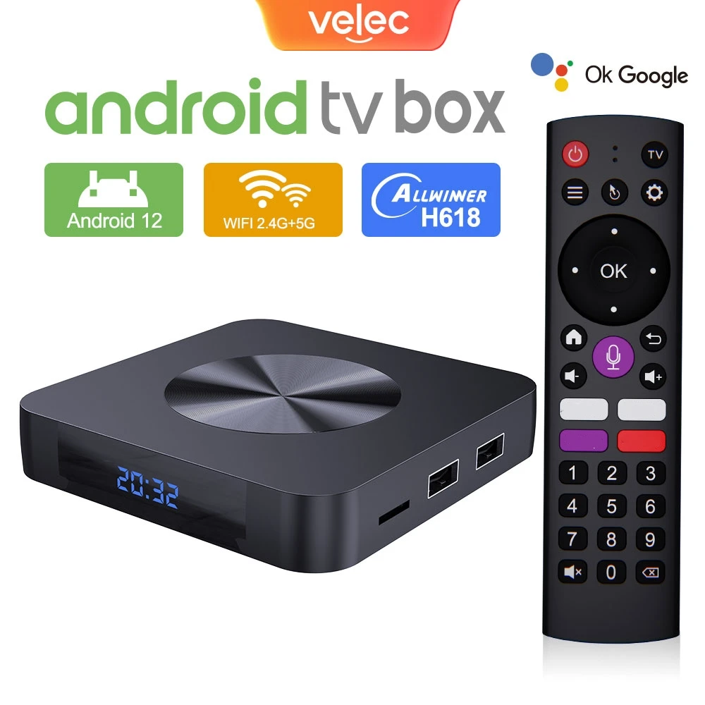 Velec Smart TV Box Voice Remote Control 8K 2+16GB Android 12 Amlogic H618 Home Entertainment Media Player For NETFLIX Youtube