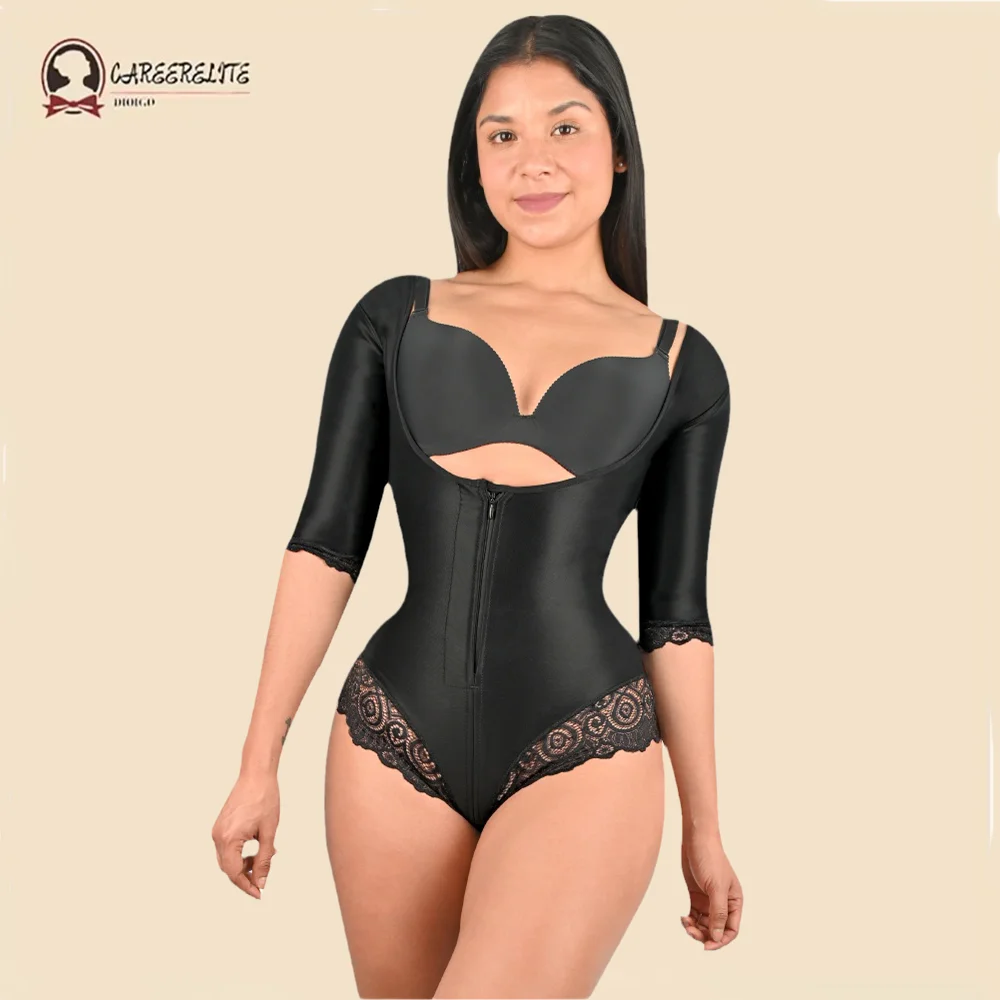 

Fajas Colombianas Bodyshaper High Compression Bodysuits Abdomen Control Waist Trainer Open Bust Lace Brief Firm Shaping