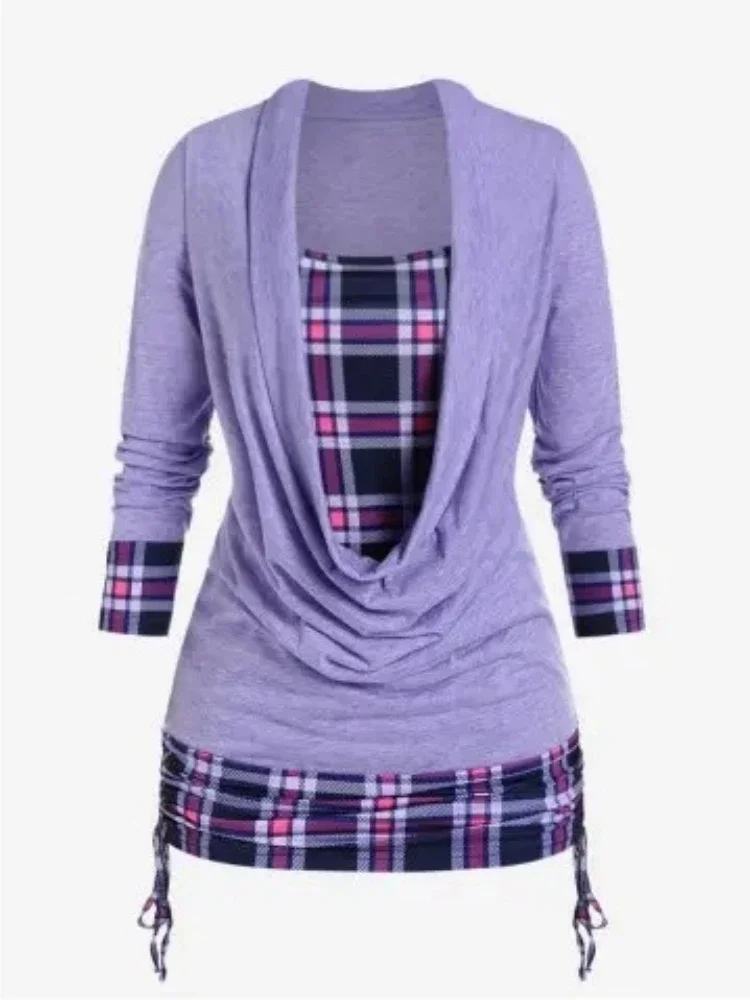 

Women Plus Size T shirt Plaid Print Patchwork Drawstring Side Swing Collar Casual Long Sleeve Autumn Tee Tops for Autumn 2024