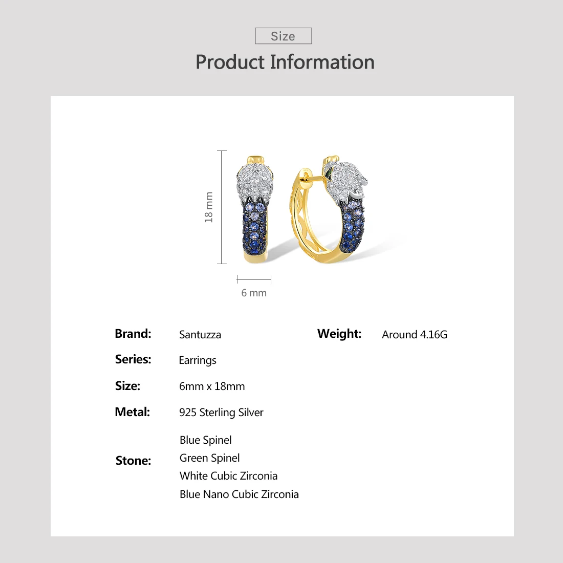 SANTUZZA Pure 925 Sterling Silver Hoop Earrings For Women Sparkling Blue Green Stone White CZ Dragon Party Lovely Fine Jewelry