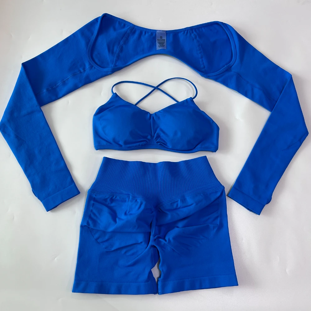 Pericic 3-teiliges Gym-Set Nahtloses Yoga-Set Damen Gym-Top Cross-Waist-Shorts Langarm-Oberteil Fitness-BH Sportanzug Workout-Set – Detail 12