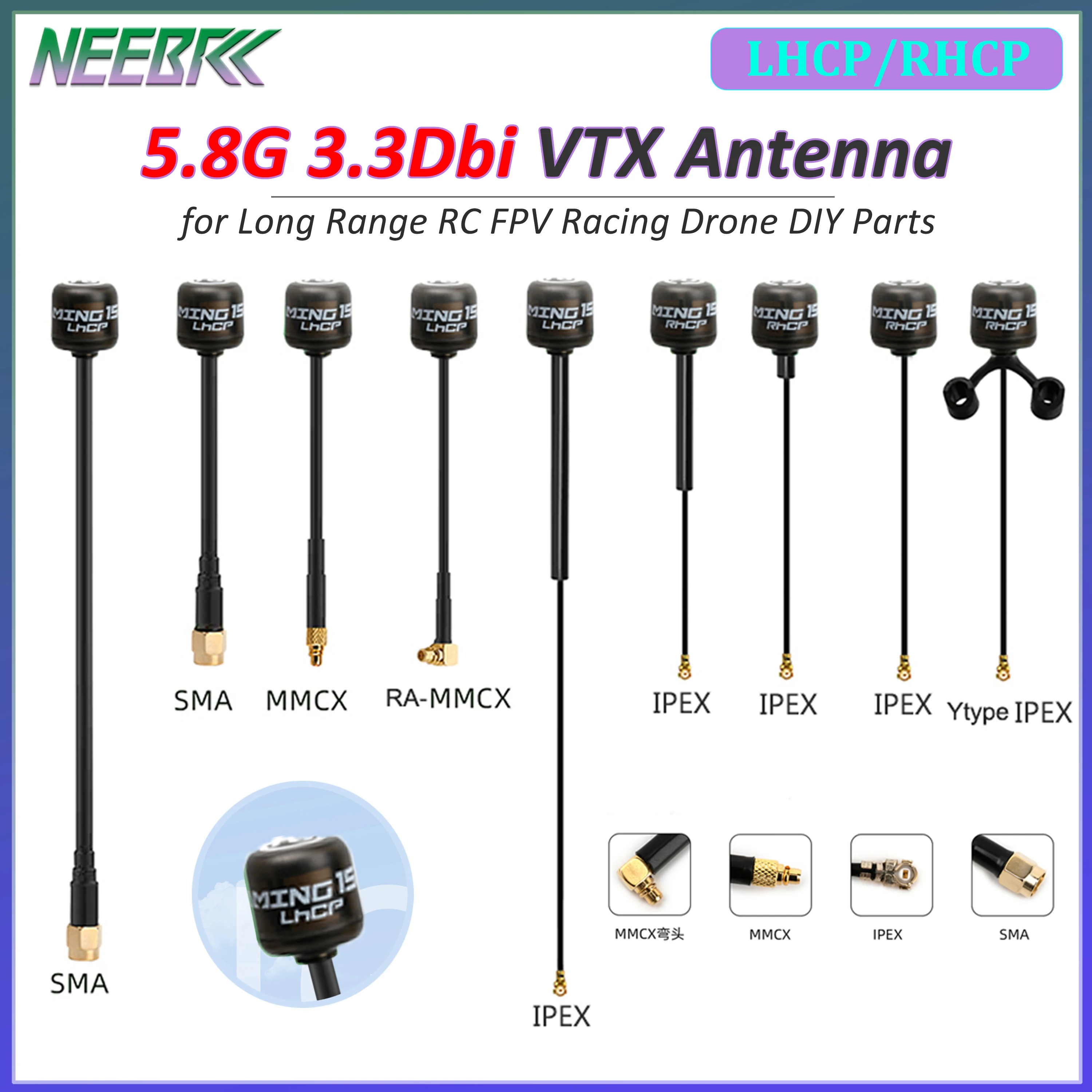 NEEBRC Ming 15 5.8GHz FPV Antenna RHCP LHCP High Gain 3.3DBi MMCX VTX Antenna For Long Range RC FPV Racing Drone DIY Parts
