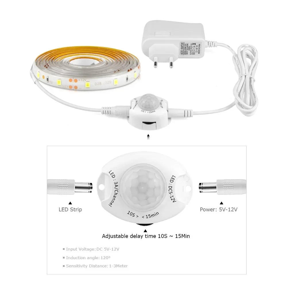 Smart PIR Motion Sensor Night light 12V LED lamp Strip adhesive Tape for home Stair Closet Kitchen Wardrobe luminaria 110V 220V