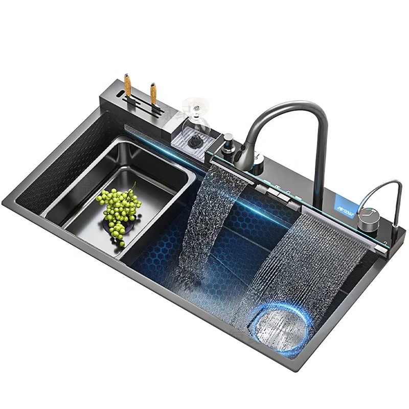 Upgraded Black Nano Honeycomb Stainless Steel Single Bowl Undermount Kitchen Sink With Waterfall Faucet