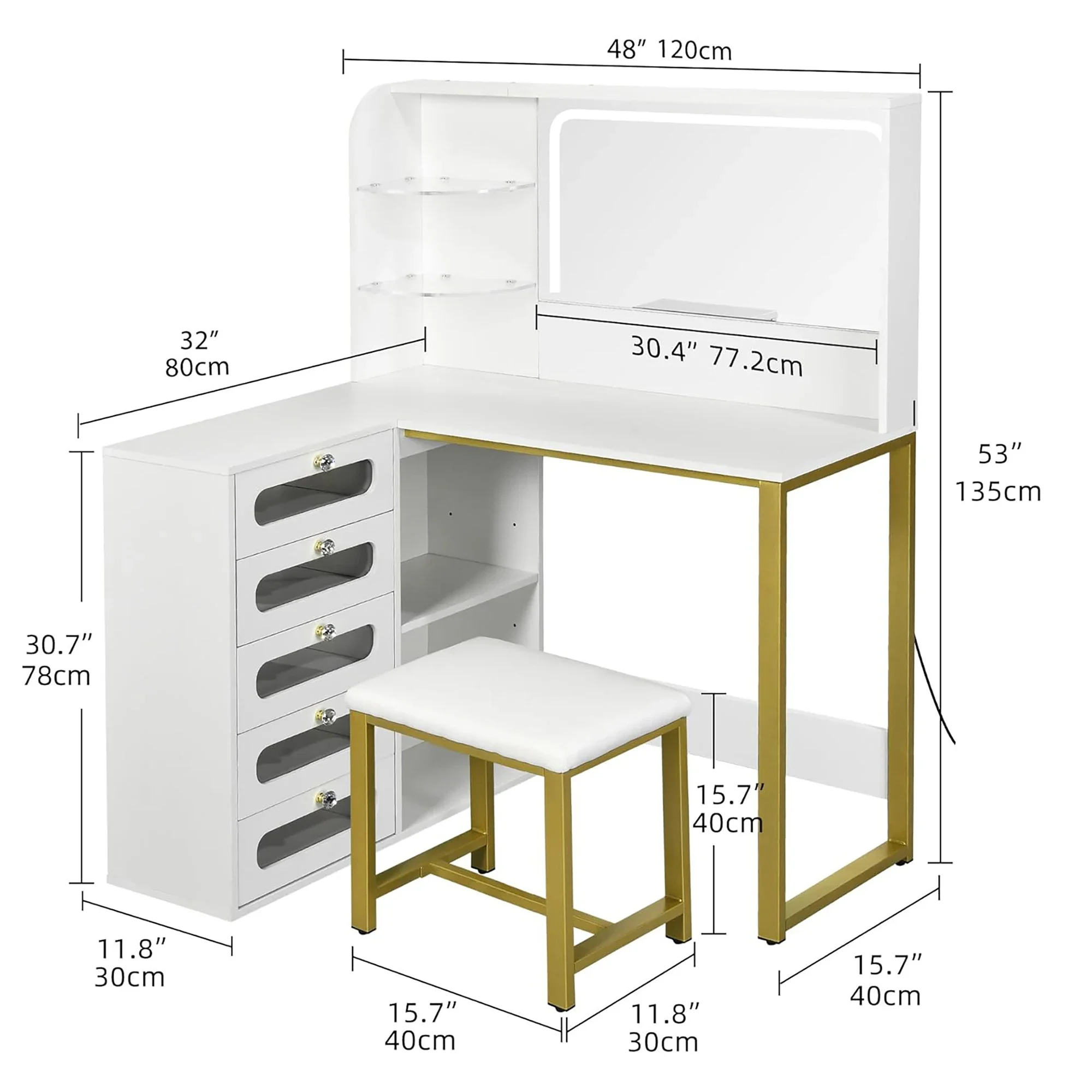Fangange moderne houten kaptafelset met spiegel en kruk, met grote opbergruimte, voor woonkamer, slaapkamer, badkamer