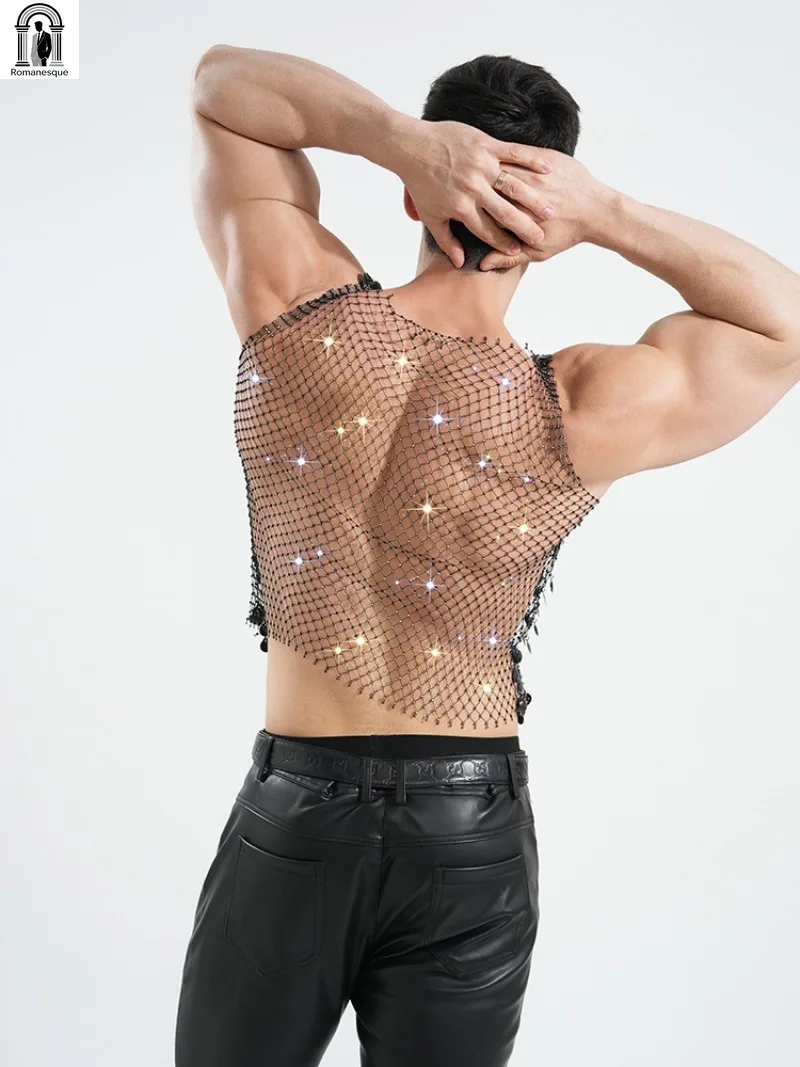 Men V Neck Sequins Fishnet Crop Tank Top Multi Color See Through Mesh Sleeveless Vest Nightclub Rave Party Stage Performance Top
