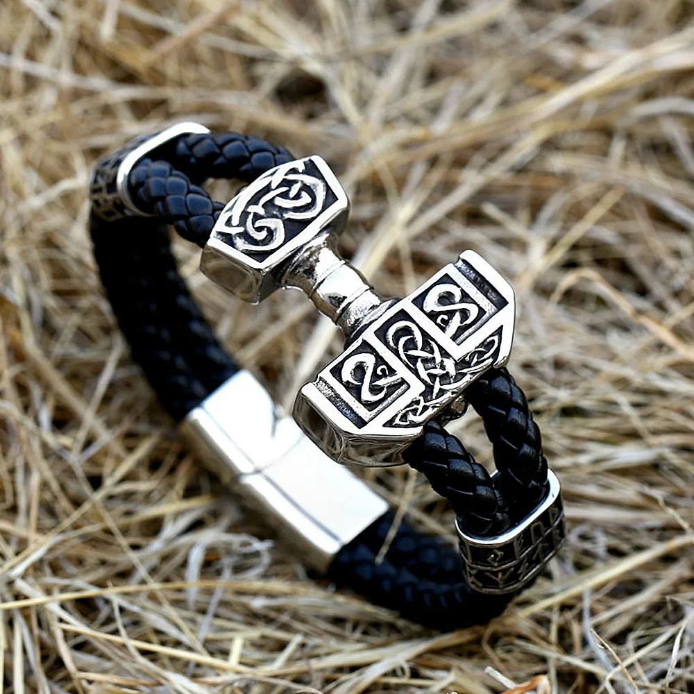 

Men Vintage Viking Thor's Hammer Bracelet Nordic Stainless Steel Viking Rune Bracelet Fashion Punk Leather Bracelet Jewelry