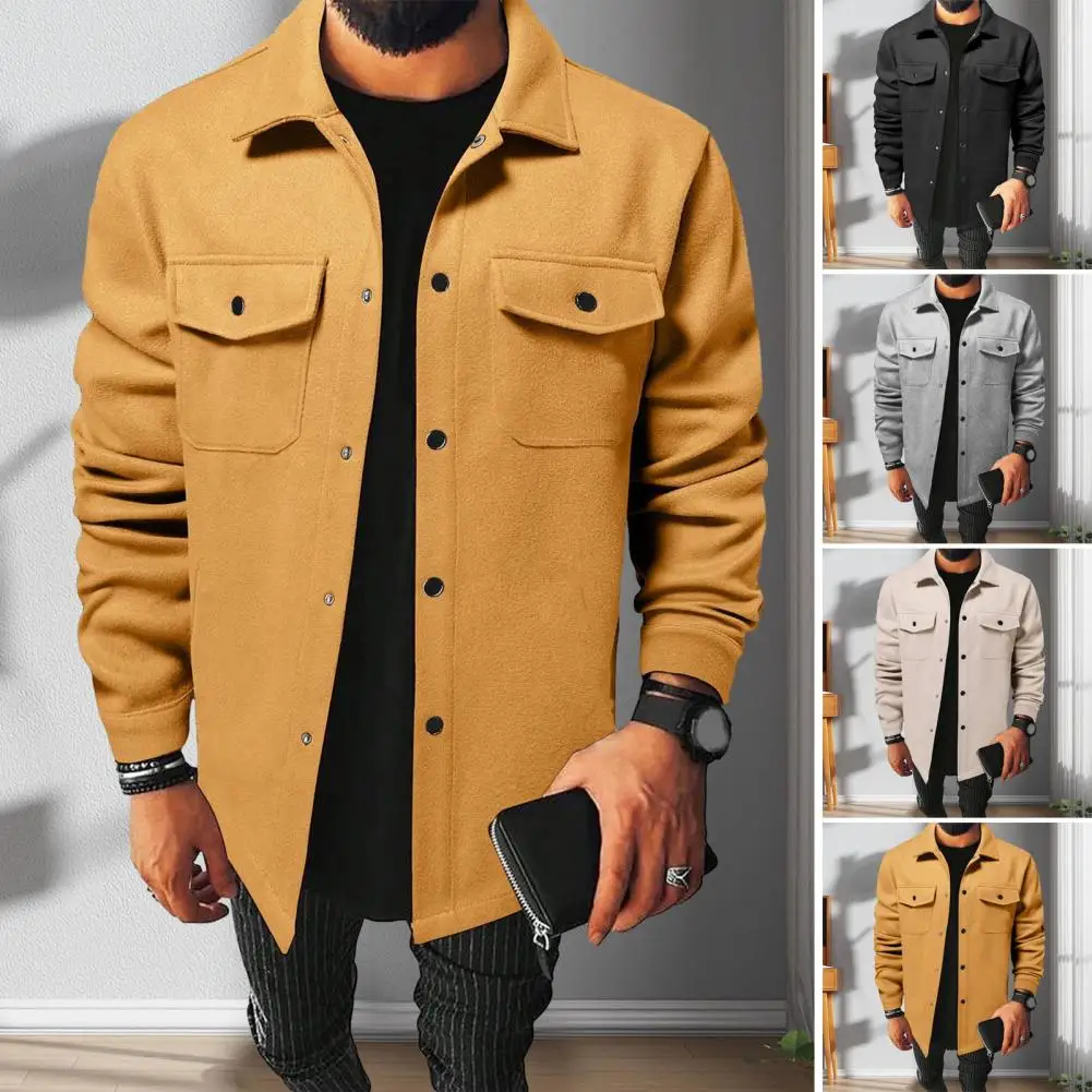 

Men Button-down Shirt Jacket Stylish Men's Lapel Jacket with Flap Pockets Autumn Winter Solid Color Shirt for Casual for All