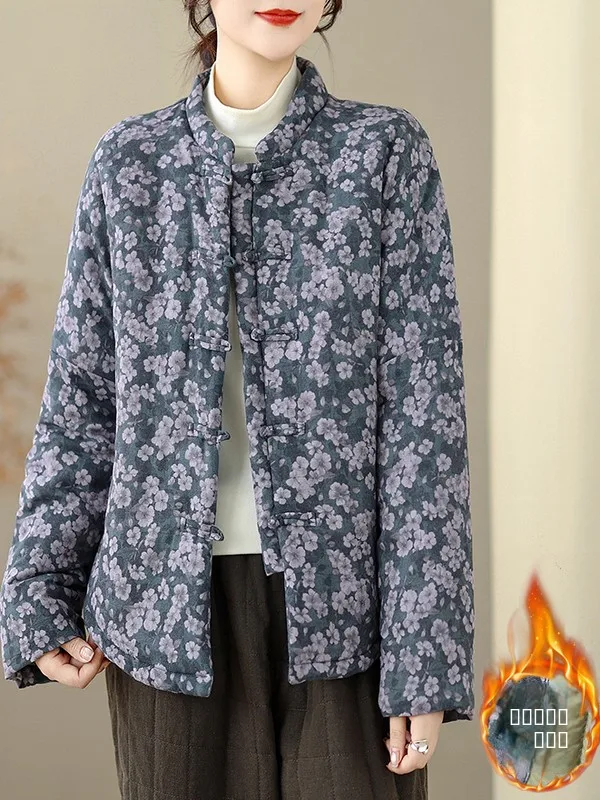 

Thiened Cotton Jaet Outerwear Winter Sle Hanfu Cotton Linen Coat Warm round Ne Long Sve Commuter Ethnic Sle