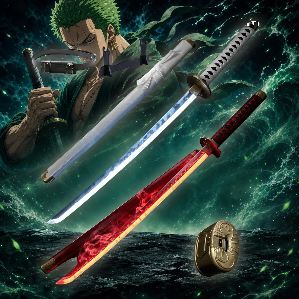 Katana de 40 pulgadas (101 cm) de One Piece, Zoro Wado Ichimonji Enma, con luz LED, brillante, accesorio de cosplay de anime, espada samurái de Roronoa Zoro, cuchillo ninja, hoja segura sin afilar, tamaño real, katana japonesa, set de colección para cintura, regalo.