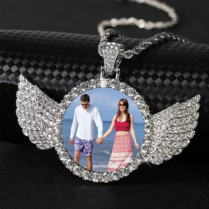 Customized Wings Diamond Inlaid Photo Necklace Personalized Fashion Cool Hip Hop Couple Family Accessories Commemorative Gift - Image 3