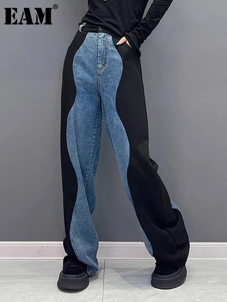 

[EAM] High Elastic Waist Black Color-block Denim Long Wide Leg Pants New Trousers Women Fashion Tide Spring Autumn 2024 1DH4642