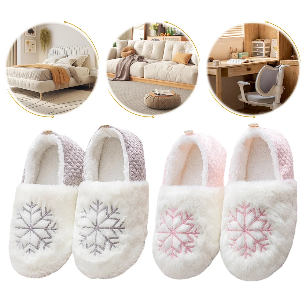 Women Snowflake Plush Slippers Bedroom House Shoes Comfortable Closed Back Slippers Fluffy Thermal Slippers for Indoor Outdoor