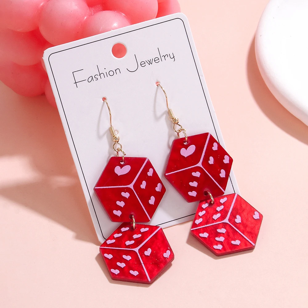 WELBACK 1 Pair of Eed and Pink Love Dice Earrings Creative Design Acrylic Earrings for Valentine's Day Gift