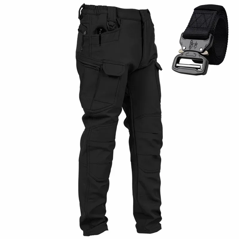 Gift Belt Men's Multi Pocket Waterproof and Warm Soft Shell Woolen Velvet Outdoor Windproof Thick Wear Resistant Work Pants