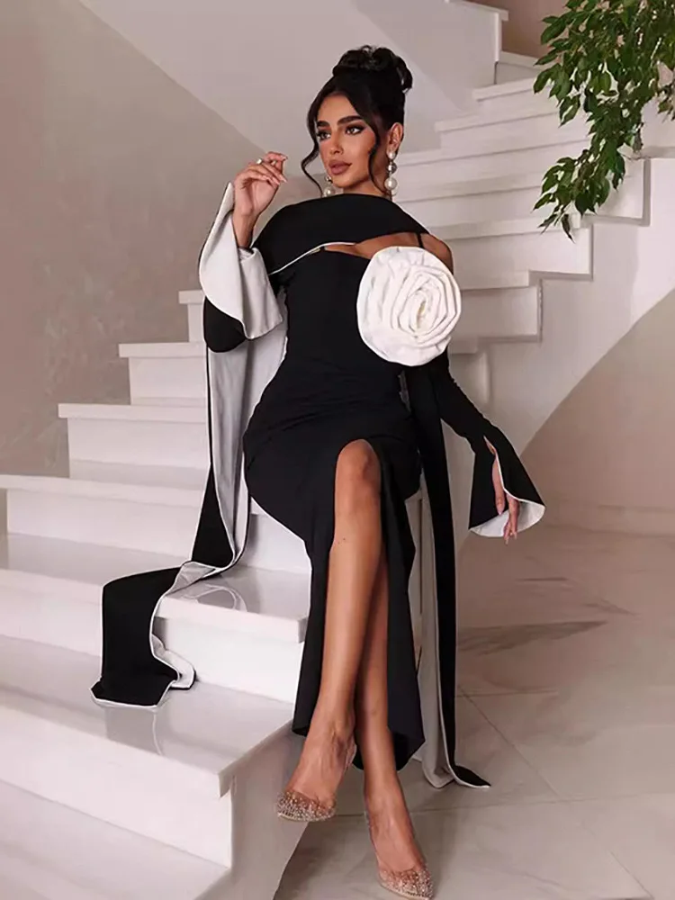 

Black Sexy Off Shoulder Long Sleeve Flower Appliques Bodycon Prom Dress Sexy Draped Midi Celebrity Evening Runway Party Dress