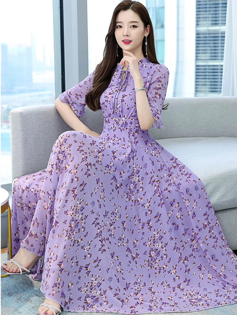 

Fresh Chiffon Dress with Lacing Up Flare Sleeves Waist Tight Slim Womens Summer Fashion New British Style Skirt Beach Skirt LBKG