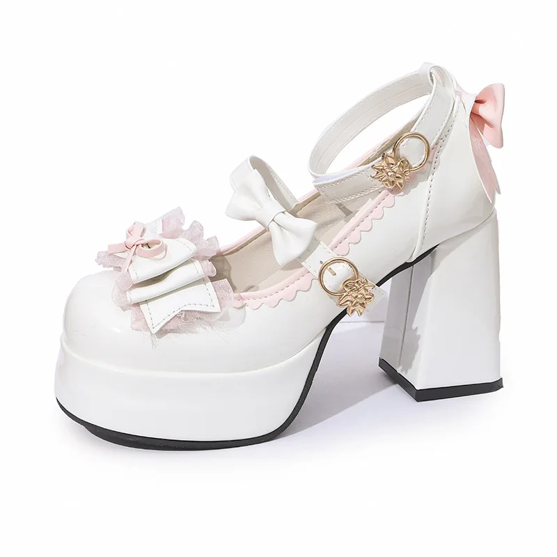 

2025 милые туфли в стиле Лолиты для девочек на очень высоком каблуке и платформе, молодежные женские студенческие туфли с кружевным сердечком и бантом на щиколотке, принцесса Мэри Джейн