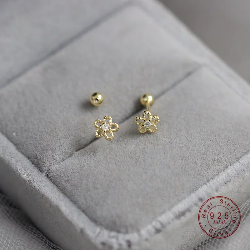 925 Sterling Silver Hollow Flowers Small Cute Screws Earrings For Women Sweet Jewelry
