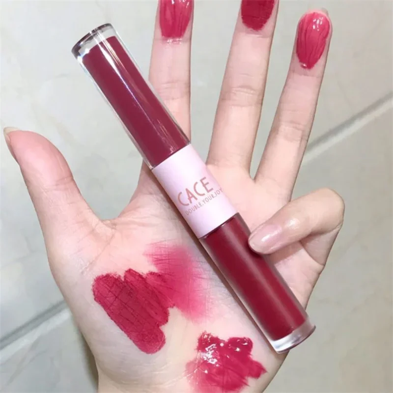 Matte Velvet Double Head Lip Gloss, Sexy Red Tint Líquido Batom, Lipgloss de longa duração, Lip Glaze impermeável, Maquiagem Cosméticos